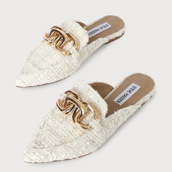 Steve Madden Shoes - Steve Madden Cream Tweed Pointed Toe Mules with Gold Chain